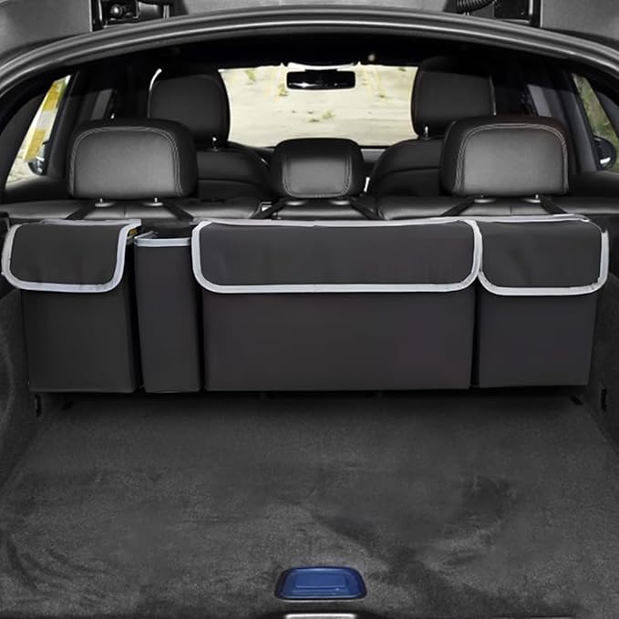 Car Trunk Organizer, Collapsible Large Capacity Auto Backseat Hanging Storage Bag with Adjustable Strap & 4 Pockets, Space Saving Car Back Seat Cargo Bag, Universal for Vehicles (Black)