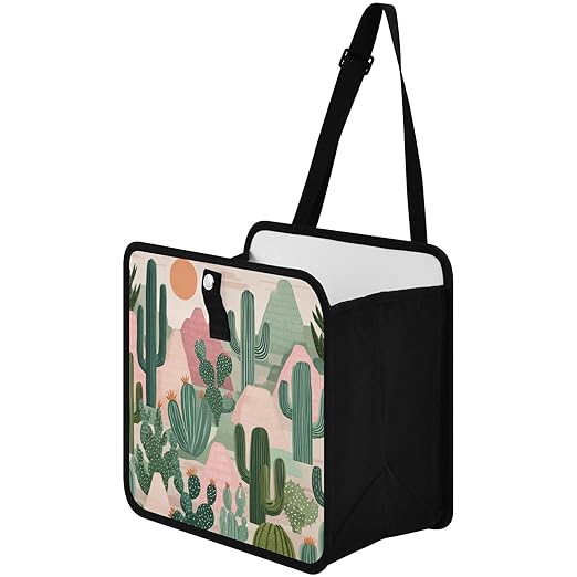 Car Trash Can Organizer Bin with Adjustable Strap for Back Front Seat Console Waterproof Leakproof Collapsible Portable 11 Inch Boho Cacti Mountains and Sun