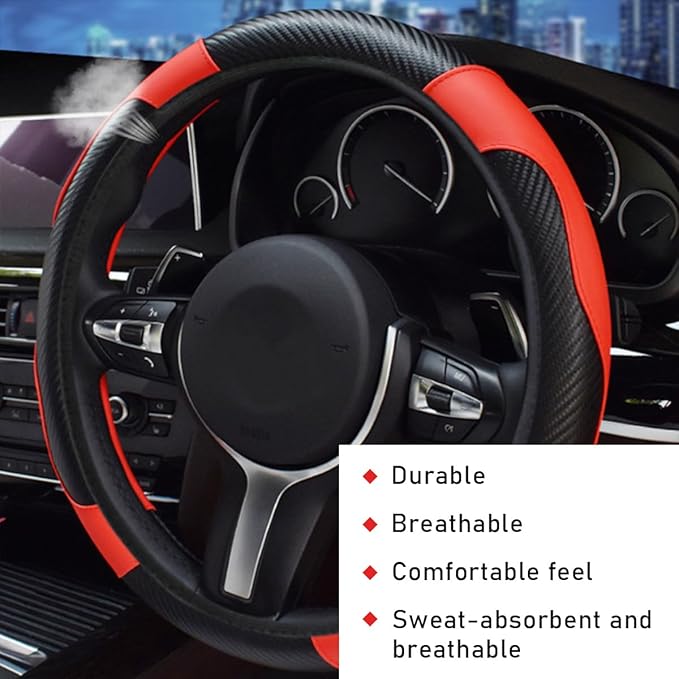 Car Steering Wheel Cover, 15 Inch Leather Breathable Auto Steering Wheel Protector, Comfortable Non-Slip Vehicle Steering Wheel Covers, Universal Interior Car Accessories (Black+Red)