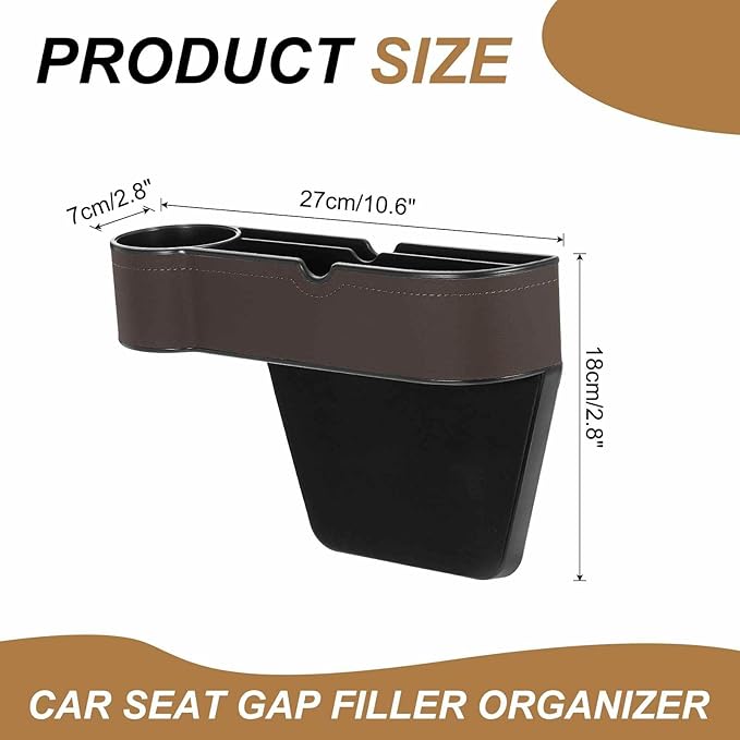 HARFINGTON 2pcs Car Seat Gap Filler Organizer 10.6 x 7.1 x 2.8 Inch ABS+Leather Universal Car Organizer Storage Box Between Seat and Console (Left+Right) with Cup Holders for Phone, Brown