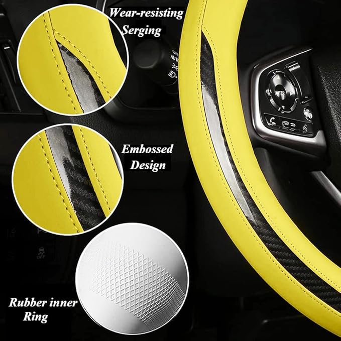New Leather Car Steering Wheel Cover, Non-Slip Car Wheel Cover Protector Breathable Microfiber Leather Universal Fit for Most Cars(Yeiiow)