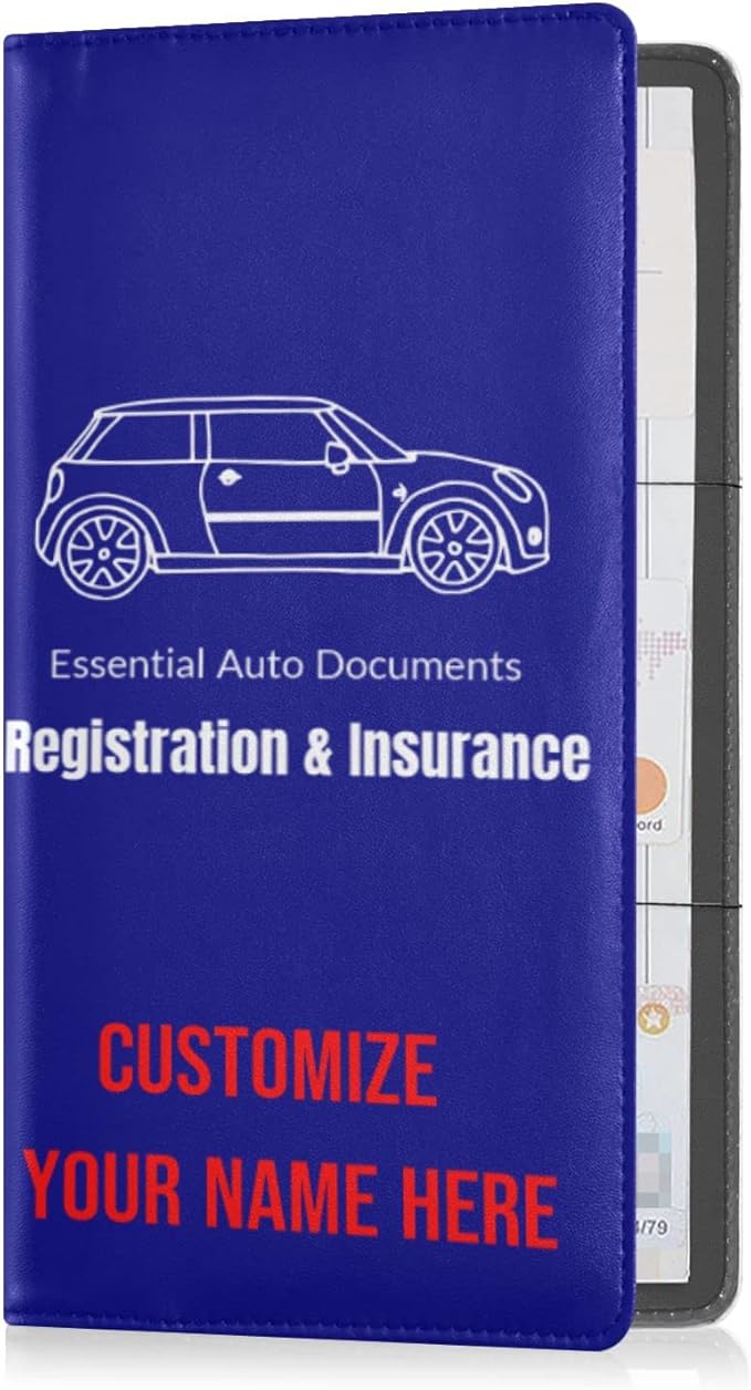 Custom Car Registration and Insurance Card Holder Personalized Leather Glove Box Organize Men Women Wallet Accessories Case for Cards, Essential Document Driver License Navy Blue