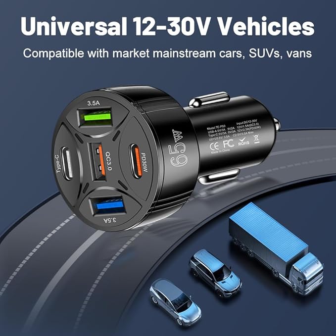 USB C Car Phone Charger Adapter 5 in 1 Multi Port PD30W &QC3.0 Super Fast Charging, 65W Cigarette Lighter USB Charger for iPhone/Android/Samsung/iPad Pro and More (White)