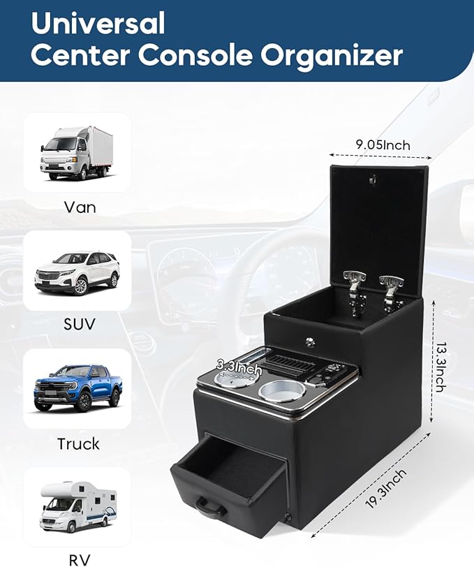 Center Console Between Seat with a Lock, Upgraded Center Console Organizer for Minivans, Truck & Motorhome, with Fast Phone Charging, 7-Color Adjustable LED Lighting and Cup & Phone Holder