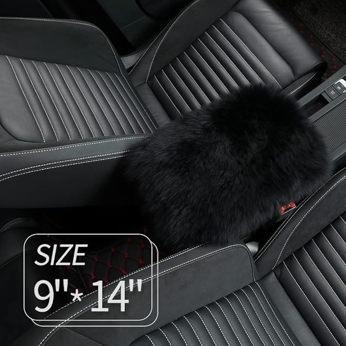IRIWOOL Sheepskin Armrest Cover Auto Center Armrest Cover Car Soft Console Pad, Fluffy Wool Auto Center Console Cover for Most Car Arm Rest Decoration Protector 9 x 14 Inch (Long Wool, Black)