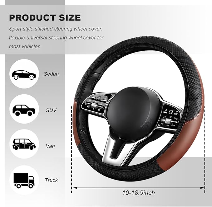 Car Steering Wheel Cover, 15 Inch Carbon Fiber Elastic Vehicle Steering Wheel Protector, Breathable Leather Auto Wheel Covers for Women Men, Interior Car Accessories (Black & Coffee, AD)