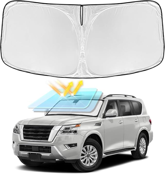 for Nissan Armada 2017-2024 2025 Windshield Sun Shade - 4 Layers Car Sunshades for Front Windows Shade Cover Custom for Armada Sun Visor 240T Retractable Shade Blocks UV Rays Car Accessories