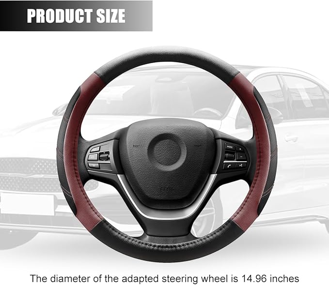 Car Steering Wheel Cover, 15 Inch Carbon Fiber Leather Non-Slip Steering Wheel Protector with Lining, Breathable Automotive Interior Accessories, Universal for SUV RV Truck (Wine Red)
