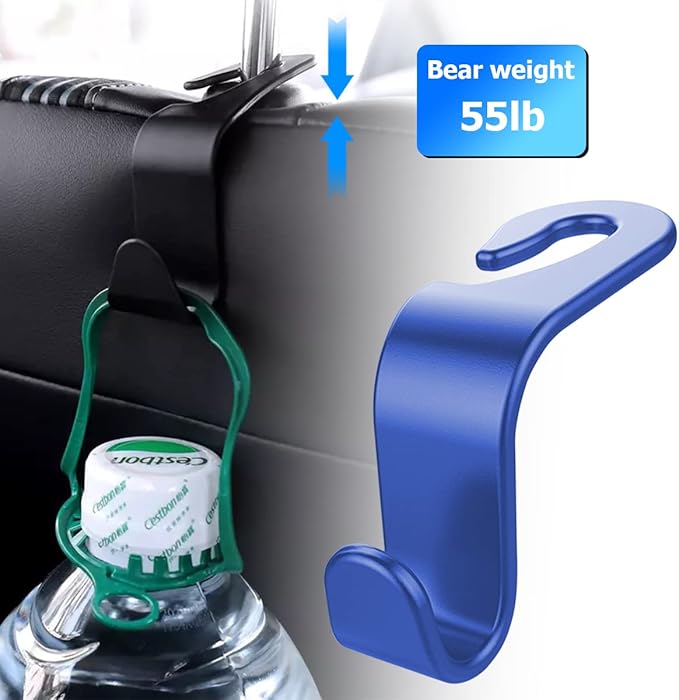 Car Back Seat Headrest Hooks, 4PCS Vehicle Backseat Storage Organizer Hanger, Multifunctional Auto Headrest Hidden Hook Universal for Handbag Purse Backpacks Bags and Groceries (Blue)