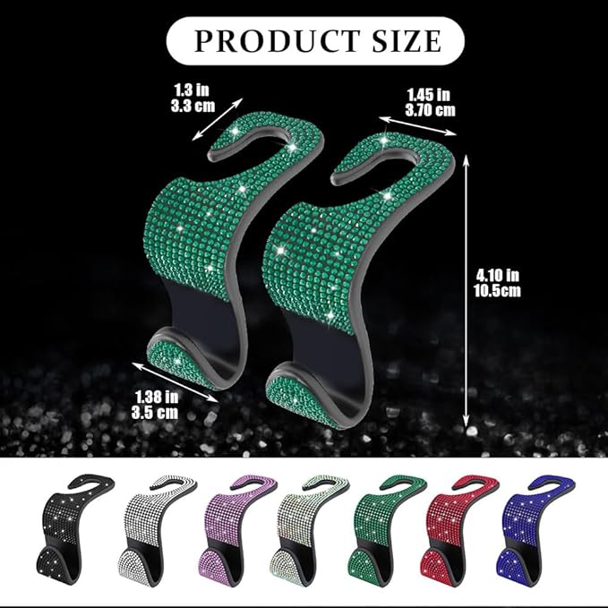 2PCS Car Seat Hooks, Purse Hook for Car, Crystal Rhinestone Vehicle Backseat Purse Holder, Auto Accessories Diamond Auto Seatback Storage Organizer Hanger for Handbag Clothes Purse (Green)