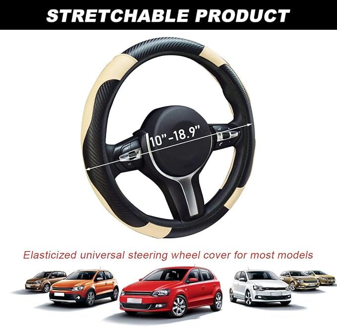 Car Steering Wheel Cover, 15 Inch Carbon Fiber Leather Stitching Color Steering Wheel Protector, Anti-Slip Elastic Breathable Steering Wheel Cover Stylish Decor for Most Cars (Black & Beige)