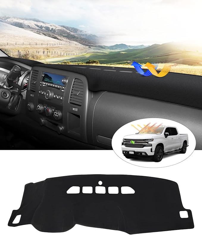 Silverado Dash Cover - For Chevy Silverado/GMC Sierra 1500 2500HD 3500HD 2007-2013 | Suede Dashboard Cover for Silverado Accessories | Non-Slip Silicone Back (Only Fit Models with Two Glove Boxes)