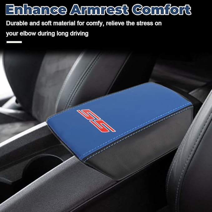BOYOUS Armrest Cover Center Console Pad Full Protection Console Leather Arm Rest Interior Accessories Fit for Chevrolet Camaro 2010-2015-Blue+Black