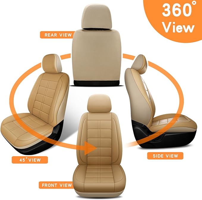 crossmiles Faux Leather Car Seat Covers Full Set, Foam Seat Cover for Car, Universal Car Seat Protector with Waterproof and Breath Fit for Cars, Trucks, SUV, Vans(Beige Square)