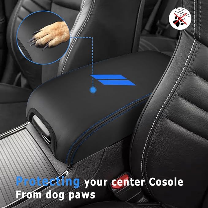 INTGET Car Center Console Cover for 2022 2021 Dodge Charger Accessories 2020 2019 2018 2017 2016 2015 Leather Armrest Cover Console Lid Protector Cushion Pad (Light Blue Stitches, Leather)