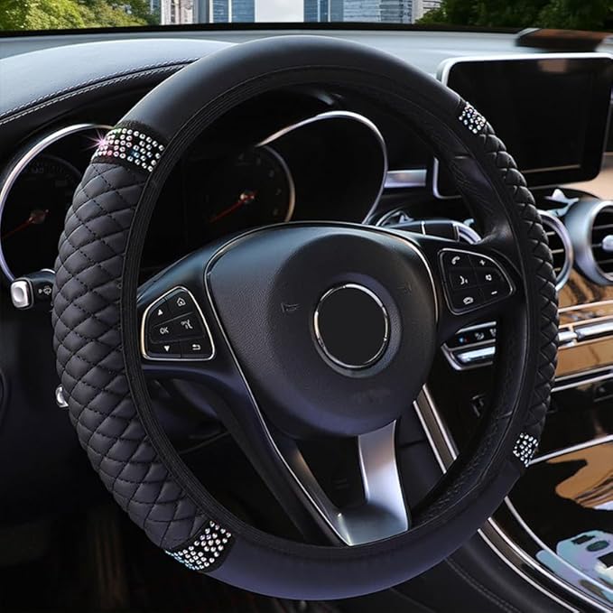 WLERIR Microfiber Leather Steering Wheel Cover with Anti-Slip Lining Universal Car Accessory for Steering Wheel with a Diameter of 14.5-15 inch (Black)