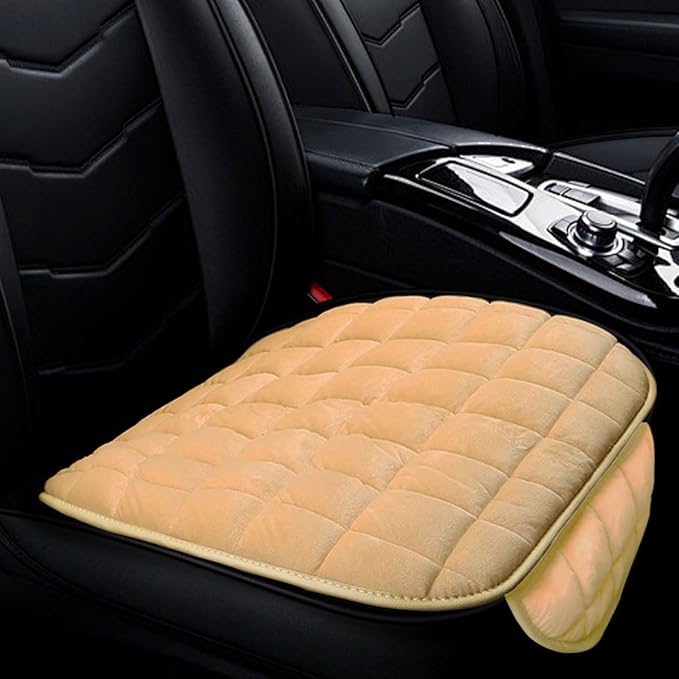 Car Seat Cushion, Soft Plush Vehicle Driver Seat Pad with Storage Pocket, Non-Slip Flat Rubber Bottom, Universal Seat Protector Cover for Truck, Car, SUV, Home, Office, Chair(Beige)