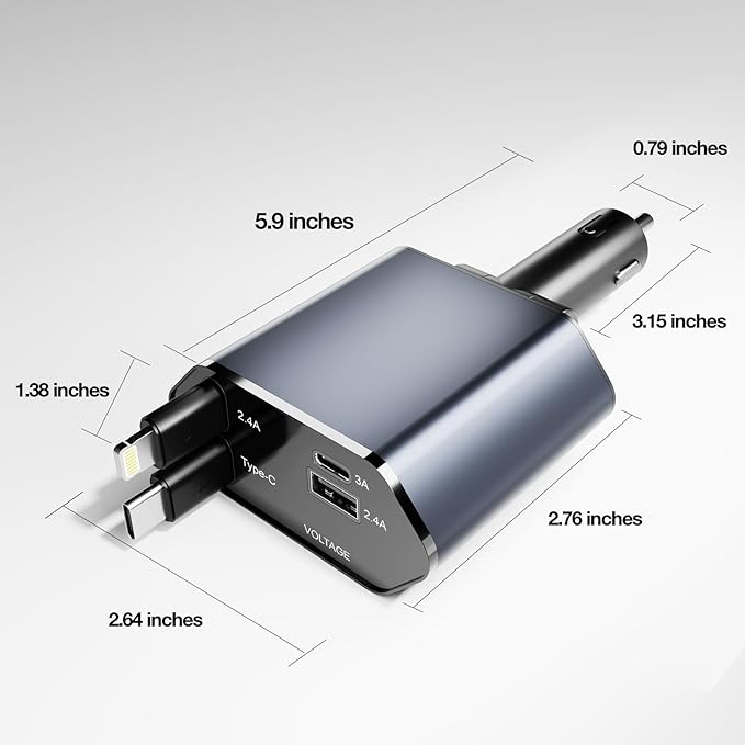 Retractable Car Charger - 4 in 1 Fast Car Phone Charger, 60W, 2 Retractable Cables, 2 USB Ports & Voltage Display, Compatible with iPhone 16/15/14/13/12/11 Series and Android