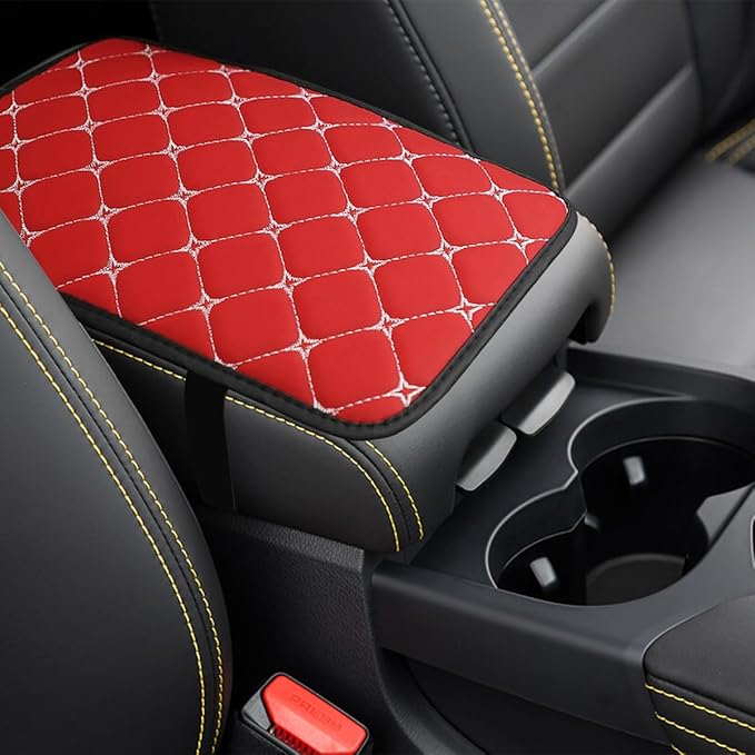 Car Center Console Cushion Pad, Comfortable PU Leather Vehicle Armrest Seat Box Cover, Waterproof Automotive Interior Arm Rest Protector Accessories, Universal Fit (Red)