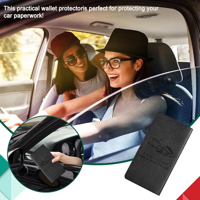 Vehicle Glove Box Car Organizer, Car Registration and Insurance Holder, Insurance Card Holder for Cars, Leather Card Holder Interior Auto Accessories for Women (Black/Large)