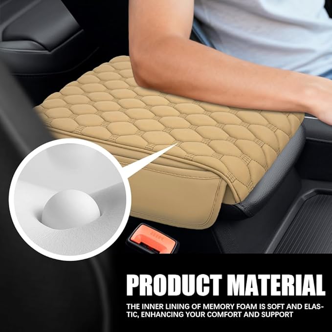 Upgraded Car Center Console Cover, Armrest Cover for Car, Waterproof Leather Auto Armrest Cover Protector with 2 Pocket, Comfortable Arm Rest Box Cushion Pad for Vehicles, Trucks (Beige)