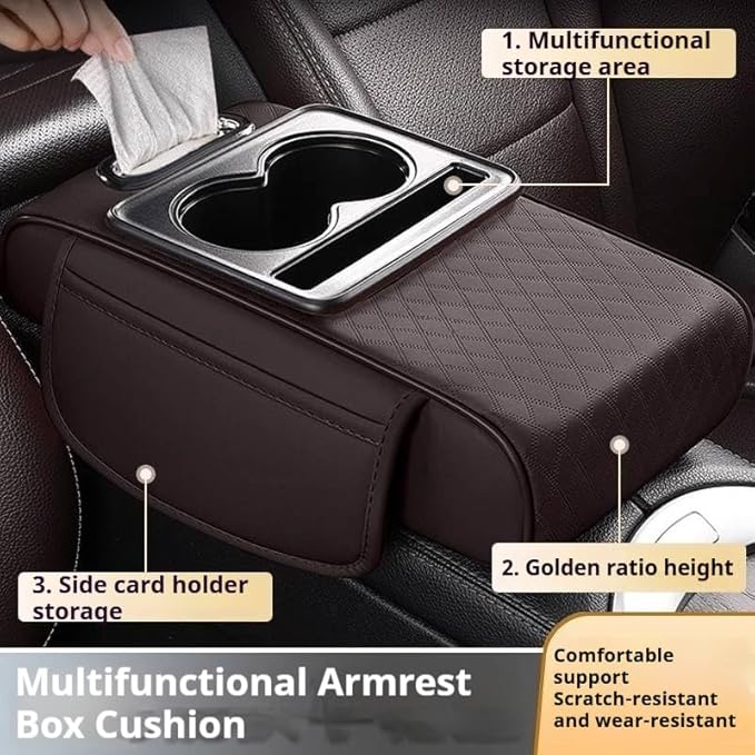 Leather car armrest Organizer with Cup Holders, Storage Pockets & Anti-Slip pad. Universal fit, Easy Install. (Gray)