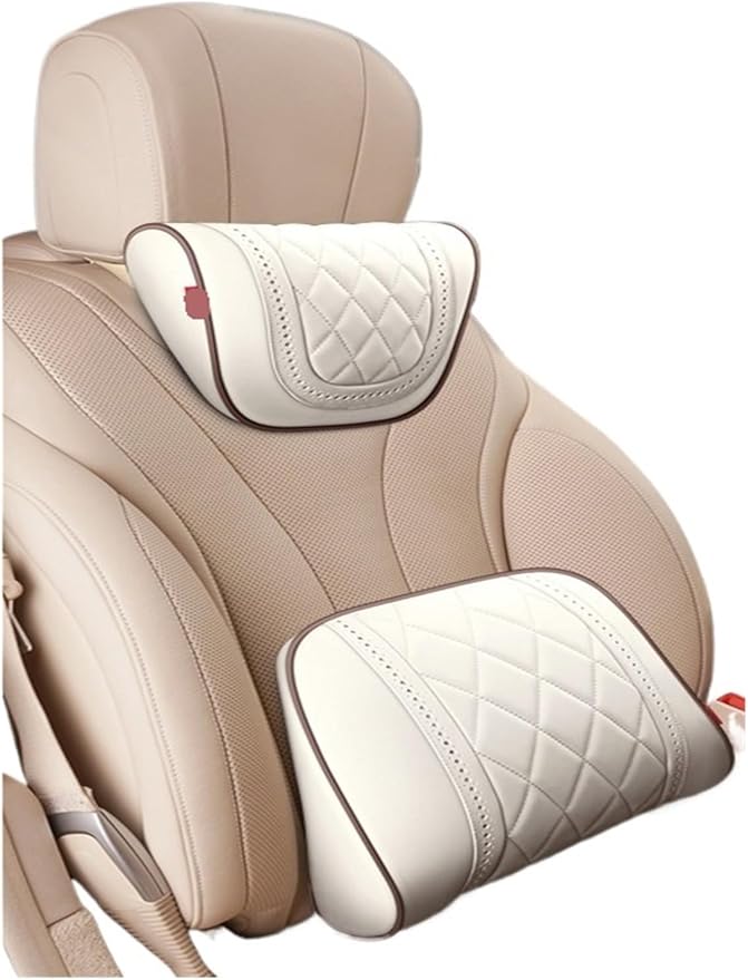 Car Headrest Neck Pillow Soft Leather Fit for Seat Back Support Lumbar Pillow Car Travel Rest Cushion Accessories(Beige-1 Set)