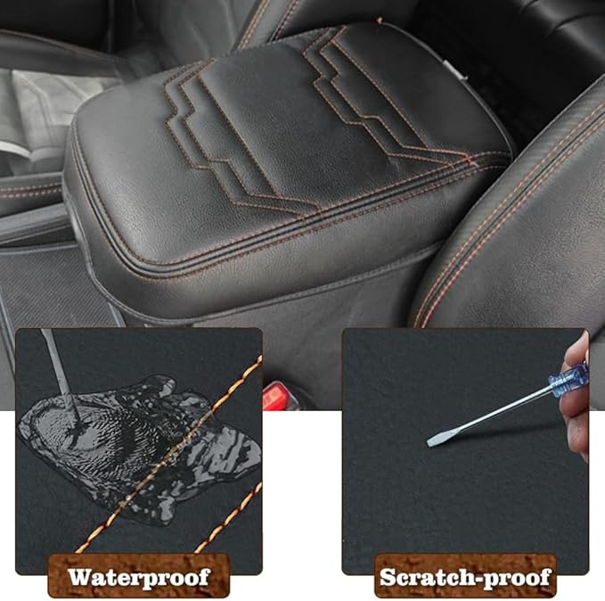Muslogy for Frontier Center Console Pad Armrest Box Cover Vegan Leather Soft Accessories Armrest Lid Protector Compatible with Nissan Frontier 2022-2025 2026(Regular Thick, V2 Orange Stitching)