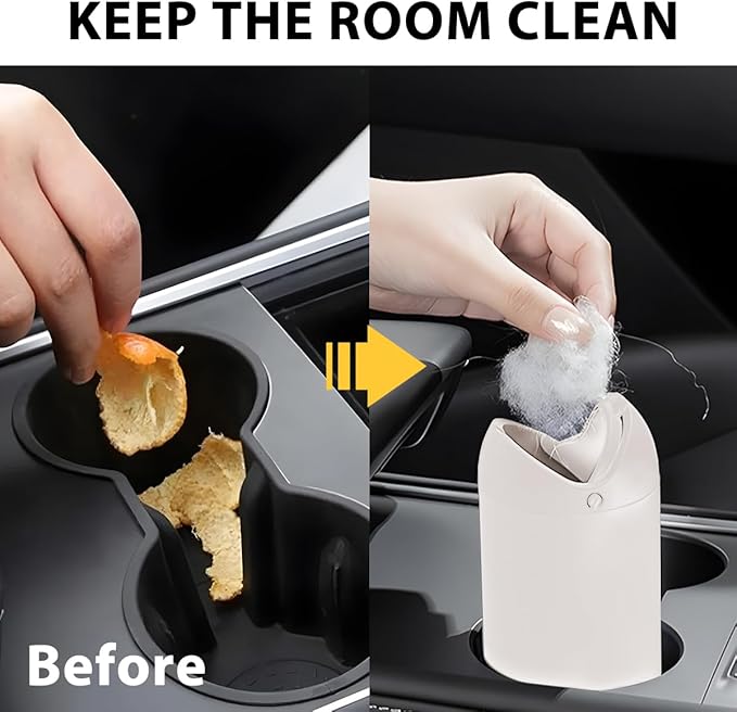 Car Trash Can with Lid, Silicone Leakproof Mini Round Vehicle Garbage Bin for Cup Holder, Portable Automotive Interior Waste Storage & Organizers Accessories, Universal Fit (Beige)
