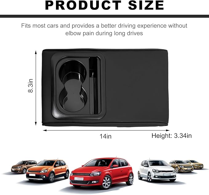 Car Center Console Armrest Pillow, Waterproof Leather Armrest Cushion with Cup Holder & Phone Holder, Memory Foam Arm Rest Box Cover Protector with Storage Bag for Most Cars (Glossy Black)