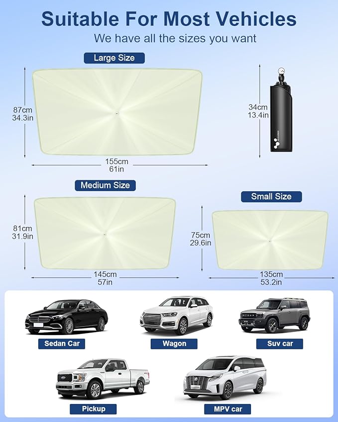 helloleiboo [2025 Upgraded] Car Windshield Sun Shade Umbrella 53"x 30" Windshield Sun Shade Foldable 5-Layer Thickened Vinyl Coating Reflective Polyester Blocks Heat & UV Rays for Small Car