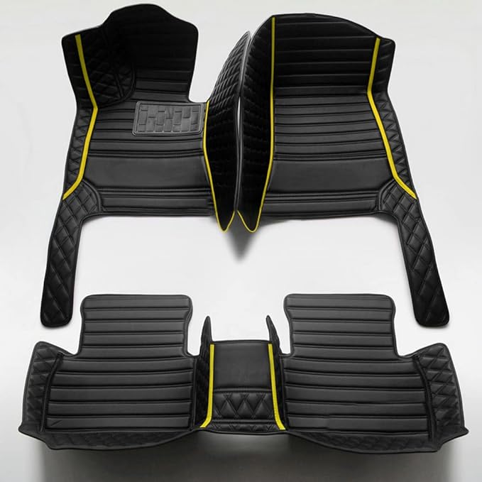 Custom Fit Car Floor Mats for Most Cars, SUVs, Trucks - Waterproof PU Leather All-Weather Floor Liners - Durable Anti-Slip Interior Car Accessories to Protect Vehicle Floors (All Black+Yellow bar)