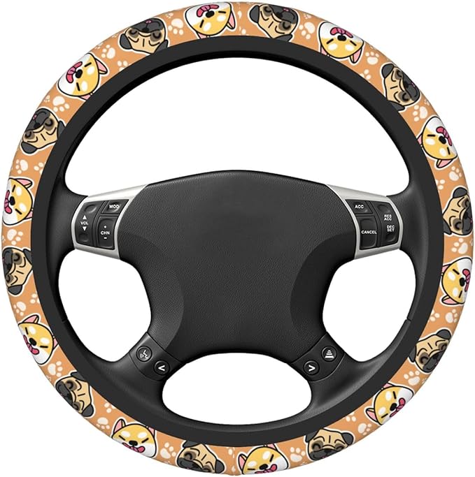 Cute Dog Print Neoprene Steering Wheel Cover Anti-Slip Elastic Pet Face Steering Wheel Protective Cover 15in Universal Car Accessories Fit Cars, SUVs, Auto