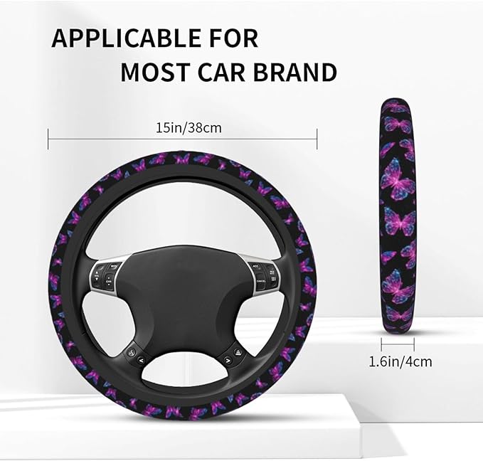 Purple Butterfly Steering Wheel Cover Elastic Non-Slip Car Steering Wheel Covers with Seat Belt Shoulder Pad For Women Men