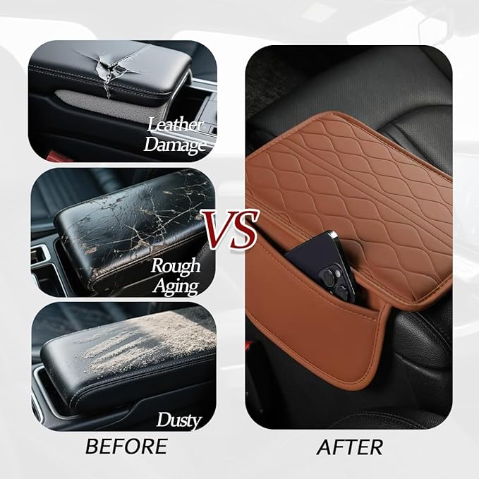 HZEL Car Center Console Cover, Scratch & Wear Resistant Soft Leather Vehicle Armrest Seat Box Cushion Pad with 2 Storage Bag, Waterproof Automotive Interior Protector, Universal Fit (Yellow)