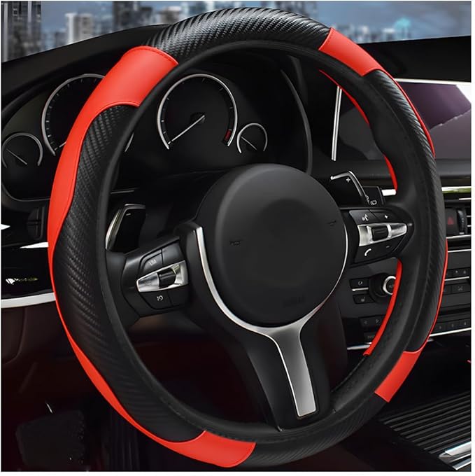 Elastic Car Steering Wheel Cover, Microfiber Leather Carbon Fiber Vehicle Steering Wheel Protector, Steering Wheel Cover with Anti-Slip Lining, Black+Red Interior Accessory