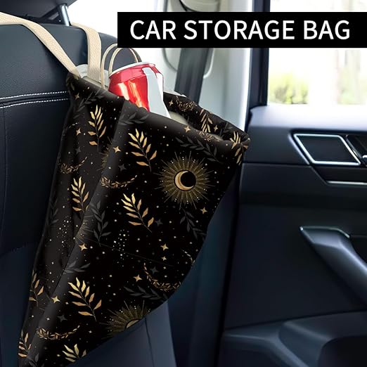Car Trash Can, Cute Car Trash Bag, Hanging Car Organizer and Storage Bag, Trash Bin for Car Accessories, Vehicle, Travelling, Camping Black Golden Pattern