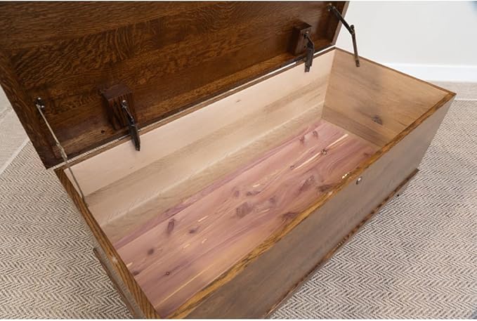 Rustic Red Door Co. Cedar Hope Chest with Waterfall Top, Amish Made Wooden Storage Trunk Box for Bedroom, Blanket, Clothes, Anti-Slam Hinges and Lock, 46", Rustic Quartersawn Oak Wood, Asbury Stain