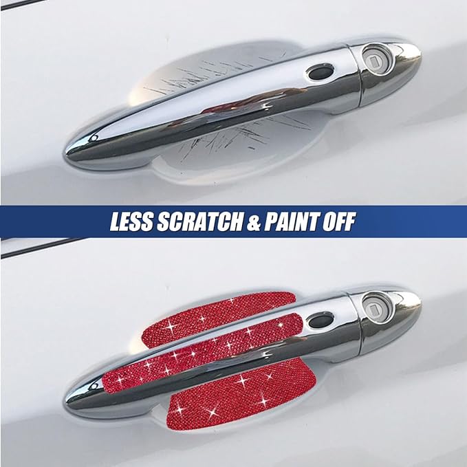 10PCS Bling Car Door Handle Protector, Crystal Rhinestone Anti-Scratch Car Bowl Decoration Sticker Decal, Universal Auto Exterior Door Protective Covers Accessories for Women (Red)