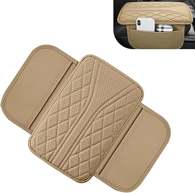 Cuymoap Car Armrest Cushion, Breathable Support Cover for Enhanced Elbow Comfort, Waterproof Anti-scratch Center Console Protector with Side Storage Pocket, Universal Slip-on Design for Car (Beige)