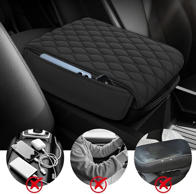Upgraded Car Center Console Cover, Armrest Cover for Car, Waterproof Leather Auto Armrest Cover Protector with 2 Pocket, Comfortable Arm Rest Box Cushion Pad for Vehicles, Trucks (Black)