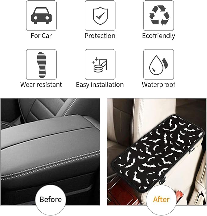 DORKEIXIA Halloween Cool Black Bat Auto Center Console Armrest Pad Universal Car Center Console Cover Seat Box Cover for Sedan, Van, SUV, Truck Car Accessorie
