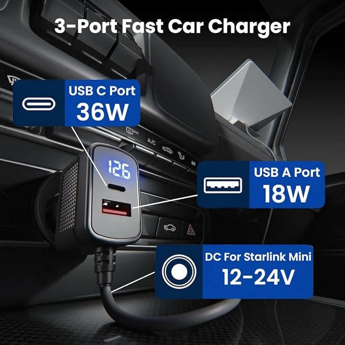 Starlink Mini Car Adapter 10FT, 3-in-1 12V DC Power Cable Cigarette Lighter Charger with Voltage Display, USB-C PD 36W + USB-A 18W (Shared 36W), 18AWG Starlink Mini Accessories for RV/Truck/Boat