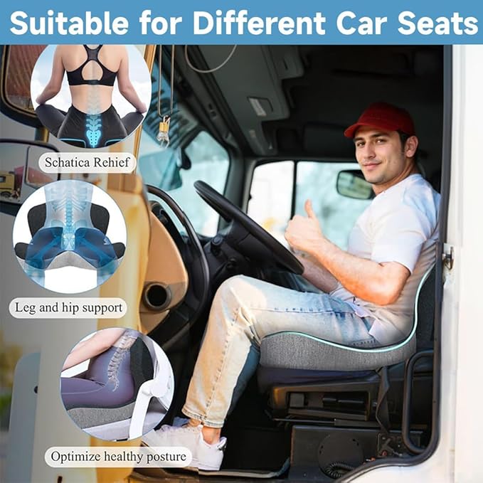 Memory Foam Seat Cushion for Truck Drivers, Office Chairs & Car Seats Back Support Sciatica Relief Pillow for Tailbone Ergonomic Pressure Relief Pad for Long Sitting & Driving (Dark Gray)