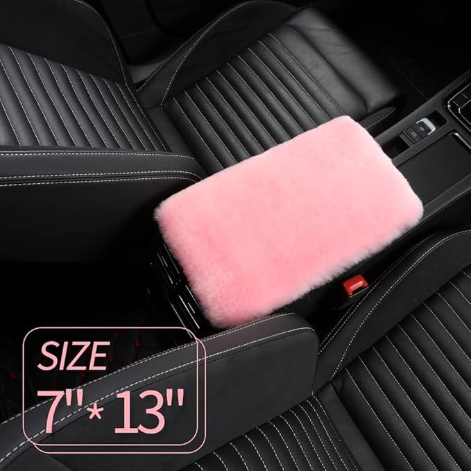 IRIWOOL Sheepskin Armrest Cover Auto Center Armrest Cover Car Soft Console Pad, Fluffy Wool Auto Center Console Cover for Most Car Arm Rest Decoration Protector 7 x 13 Inch (Shearling, Pink)