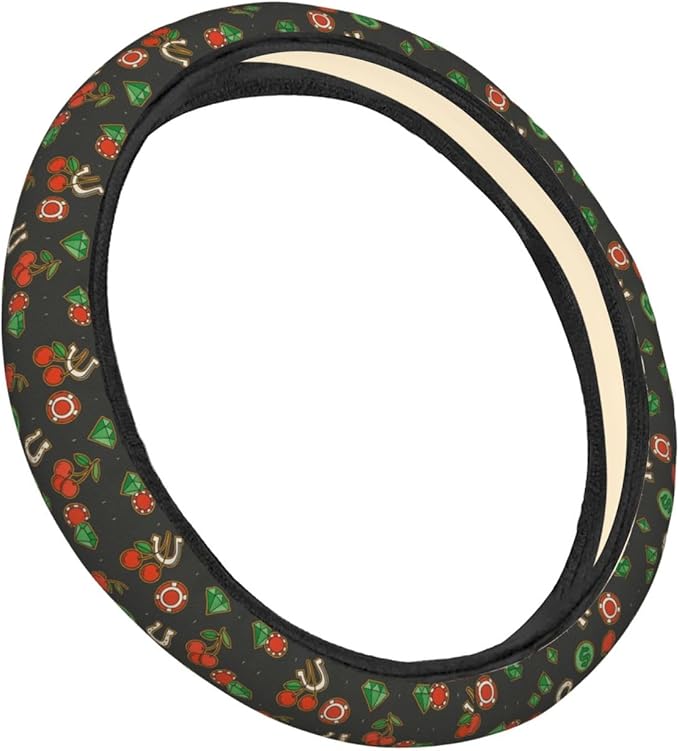 FeHuew Dice Diamond Cherry Steering Wheel Cover for Women, Girls 15 inch Universal Auto Car Anti Slip Wrap Steering Wheel Covers Fit for Vehicles, Truck, SUV