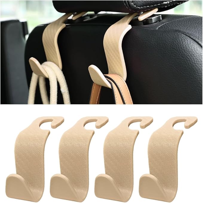 Car Back Seat Headrest Hooks, 4PCS Vehicle Backseat Storage Organizer Hanger, Multifunctional Auto Headrest Hidden Hook Universal for Handbag Purse Backpacks Bags(Carbon Fiber Beige)