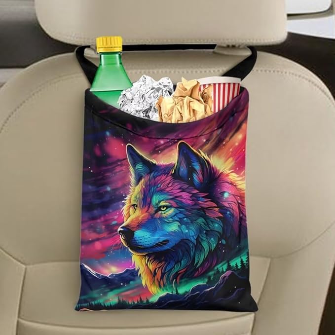 Wolf Car Garbage Bag, Hanging Car Trash Bag, Foldable Garbage Can for Front Back Seat, Multi-FunctionalRubbish Bag Storage Pocket, Car Accessories