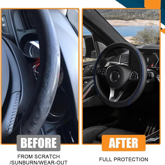 Car Steering Wheel Cover, Universal 14.5-15 Inch Black Leather Steering Wheel Wrap with Better Sport Grip for Men Women, Anti-Slip Breathable Car Interior Accessories for Most Cars (Black with Blue)