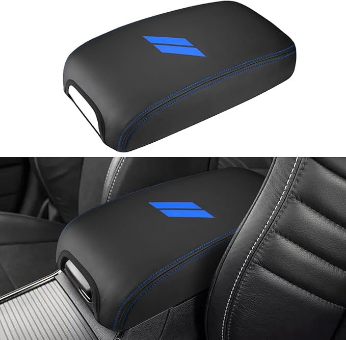 INTGET Car Center Console Cover for 2022 2021 Dodge Charger Accessories 2020 2019 2018 2017 2016 2015 Leather Armrest Cover Console Lid Protector Cushion Pad (Light Blue Stitches, Leather)